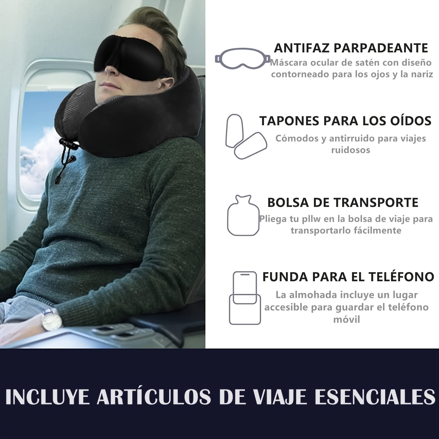 U-Shaped Travel Pillow for Office, Car & Airplane - Portable Neck Support with Ergonomic Design, Black, Spot Clean Only, Durable Polyester, Travel Neck Pillow, Airplane Comfort, Sleek Pillow Design, Soft Texture Pillow